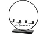 Gilde Kerzenleuchter, Rund, "Willkommen"", Spruch, Metall, Schwarz, , L. 11 Cm, B. 38 Cm, H. 40 Cm 69854 /Abverkauf Nur Solange Vorrat Reicht"