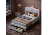 Letto Imbottito Fortuna Lai 140X200Cm Con Rete A Doghe, Letto Per Ragazzi Con Led E Cassetto, Letto Matrimoniale Con Cornice A Corona, Pu, Bianco