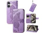 Per Apple Iphone 16 Portafoglio In Pelle Finta Custodia Per Cellulare Con Design A Farfalla Viola Chiaro