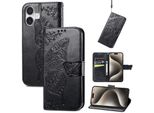 Per Apple Iphone 16 Pelle Finta Portafoglio Cellulare Custodia Farfalla Design Cover Case Nero