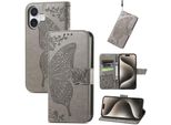 Per Apple Iphone 16 Plus Portafoglio In Custodia Per Cellulare Con Design A Farfalla Grigio