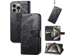 Per Apple Iphone 16 Pro Pelle Finta Portafoglio Cellulare Custodia Farfalla Design Cover Case Nero