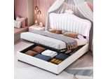 Letto Imbottito Fortuna Lai 140X200Cm Con Rete A Doghe, Letto Per Bambini Con Testiera A , Letto Per Ragazzi Matrimoniale Con Led, Letto Contenitore Idraulico, Similcuoio, Bianco