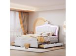 Letto Imbottito Flieks 140X200Cm Con Rete A Doghe, Letto Per Ragazzi Letto Per Bambini Con Led, Letto Matrimoniale Con 2 Cassetti, Letto In Legno Letto Classico, Pu, Bianco