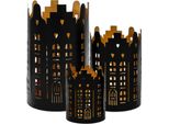 Set Di 3 Lanterne In Metallo - Motivo: Case - Metallo / Circa 20, 15, 10 Cm - Colore: Nero