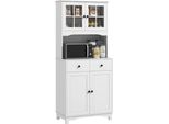 Homcom Mobile Da Cucina A Colonna Con Ripiano Per Microonde, 2 Armadi, 2 Cassetti, Vetrina Con Ripiani Regolabili, Protezione Antiribaltamento, Mobile Buffet Per Soggiorno, Sala Da Pranzo, Bianco