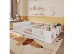 Letto Per Bambini Merax 140X190 Cm, Letto Da Terra, In Legno Di Pino, Con Contenitore Aperto, Ripiani, Porta A Steccato, Letto In Legno, Bianco