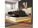 Letto Imbottito Flieks 180X200Cm Con Funzione Di Ricarica (Usb&Typ-C), Letto Giovanile Letto Matrimoniale Letto Contenitore Con Led, Letto A Molle Idrauliche, Pu, Bianco