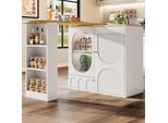 Tavolo Da Bar Flieks Girevole A 360°, Tavolo Da Bar Con Anta In Vetro, Tavolo Da Pranzo 138-204X39X105 Cm, Tavolo Da Pranzo Con Credenza, Isola Da Cucina Colore Bianco + Legno