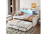 Merax Daybed 90X200Cm Con Letto Estraibile, Divano Letto Con Led, 3 Cassetti, Ripiano, Usb+Type-C, Daybed, Letto Singolo, Bianco