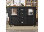Carrello Di Servizio Flieks Con Piano Di Lavoro Pieghevole, Isola Da Cucina Moderna 120X45-73X93 Cm, Carrello Da Pranzo Multifunzionale Con Anta In Vetro, Nero