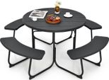 Set Di Sedute Costway Per 8 Persone, Set Di Sedute Per Mobili Da Giardino Tavolo Da Picnic Con Foro Per Ombrellone, 4 Panche E Tavolo Da Giardino Rotondo Con Piano In Hdpe Nero