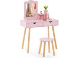Costway Set Da Toilette Per Bambini, Scrivania E Sgabello 2In1 Con Specchio Rimovibile, 2 Cassetti, Pettine Per Bambini Dai 3 Ai 7 Anni Rosa