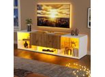 Mobile Tv Led Merax 160X40X42 Cm, Mobile Tv Basso Per Tv Fino A 70 Pollici, Mobile Tv A 3 Livelli Con Ripiano In Vetro E 2 Cassetti, Illuminazione Rgb, Bianco/Natura