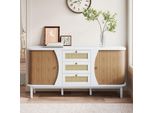 Merax Credenza Skandi Con 2 Ante Scorrevoli E 3 Cassetti In Rattan, Cassettiera In Rattan In Stile Country Con Gambe In Legno - Rovere Bianco/Noce