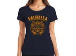 Valhalla Viking Skull Helmet Axes Norse Mythology Runes Ladies T-Shirt, Navy, L