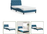 The Living Store Letto Con Materasso Blu 100X200 Cm In Velluto