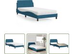 The Living Store Letto Con Materasso Blu 100X200 Cm In Velluto