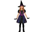Strega Halloween Magia Stella Abito Con Cappello Creatura Mitica Nero Viola Costume Sogni Fantasia Glitter Glamour Fiaba Notte Outfits Festa Bambini, Taglia: 110/116 Colore: Nero