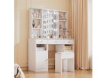Tavolino Da Toilette Merax Con Sgabello, Specchio Led, 12 Lampadine, Luminosità Regolabile, Tavolo Cosmetico, 3 Cassetti, 2 Ante, 151×110×40 Cm, Bianco