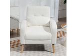 Poltrona Lounge Con Cuscino Lombare, Poltrona Imbottita Con Gambe In Legno, Tessuto In Pile, Poltrona Singola Reclinabile Per Soggiorno, Camera Da Letto, Bianco
