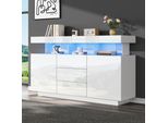 Credenza Merax Bianca Lucida Con Led, Mobile Multiuso In Truciolato E Acrilico, Cassettiera 140X35X80 Cm Con 3 Cassetti E 2 Ante, Vetrina