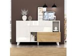 Credenza Lucida Merax 130X40X70 Cm In Bianco E Look Legno, Cassettiera Con Ante, Cassetti E Vani A Giorno, Mobile Moderno Per Sala Da Pranzo E Soggiorno
