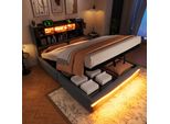 Letto Imbottito Merax 140X200 Cm, Contenitore Idraulico, Striscia Luminosa A Led Con App, Testata Con Ripiano E Usb/Type-C, Letto Piano In Lino, Grigio