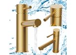 Miscelatore Per Lavabo Granitan | - Oro Spazzolato - Basso - Design Moderno - Funzionamento Ergonomico