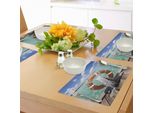 Abakuhaus Tovagliette Boje, Life Boje Sul Pontile Cielo Estivo Sole Splendente Clima Tropicale Esotico Sulla Costa, Tiscjdeco In Tessuto Resistente Ai Colori Per La Sala Da Pranzo E La Cucina, Multicolore