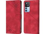 Custodia Per Xiaomi 12T / 12T Pro / Redmi K50 Ultra Embossed Flip Leather Wallet Case Con Stand Rosso