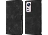 Cover Per Xiaomi 12 Embossed Flip Leather Wallet Case Con Stand Nero