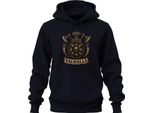 Viking Valhalla Runes Vegvisir Shield Skull Axes Horns Retro Unisex Hoodie Felpa Con Cappuccio, Navy, S