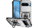 Custodia Per Google Pixel 9 A Doppio Strato Con Copertura Scorrevole Della Fotocamera E Supporto Ad Anello Argento