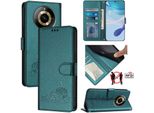 Custodia In Pelle Per Realme 11 4G, Dolce Gatto Custodia Flip Con Funzione Stand E Portafoglio Verde