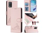 Custodia In Pelle Per Realme 8 5G, Dolce Gatto Custodia Flip Con Funzione Stand E Portafoglio Rosa