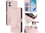 Custodia In Pelle Per Motorola Moto G73, Dolce Gatto Custodia Flip Con Funzione Stand E Portafoglio Rosa