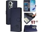 Custodia In Pelle Per Oppo Reno11, Dolce Gatto Custodia Flip Con Funzione Stand E Portafoglio Blu