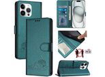 Custodia In Pelle Per Iphone 15 Pro Max, Dolce Gatto Custodia Flip Con Funzione Stand E Portafoglio Verde
