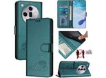 Custodia In Pelle Per Oppo Find X7, Dolce Gatto Custodia Flip Con Funzione Stand E Portafoglio Verde