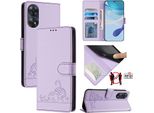 Custodia In Pelle Per Oppo Reno8 T 4G, Dolce Gatto Custodia Flip Con Funzione Stand E Portafoglio Viola