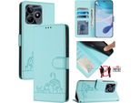 Custodia In Pelle Per Realme Note 50 / C51 / C53 / Narzo N53, Dolce Gatto Custodia Flip Con Funzione Stand E Portafoglio Verde Chiaro