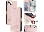 Custodia In Pelle Per Iphone 14 Plus, Dolce Gatto Custodia Flip Con Funzione Stand E Portafoglio Rosa