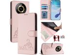 Custodia In Pelle Per Realme 11 4G, Dolce Gatto Custodia Flip Con Funzione Stand E Portafoglio Rosa