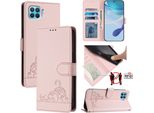 Custodia In Pelle Per Oppo F17 Pro, Dolce Gatto Custodia Flip Con Funzione Stand E Portafoglio Rosa