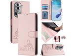 Custodia In Pelle Per Oppo Reno11 Pro, Dolce Gatto Custodia Flip Con Funzione Stand E Portafoglio Rosa