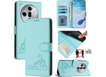 Custodia In Pelle Per Oppo Find X7, Dolce Gatto Custodia Flip Con Funzione Stand E Portafoglio Verde Chiaro