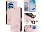 Custodia In Pelle Per Oneplus Ace 3 /Oneplus 12R, Dolce Gatto Custodia Flip Con Funzione Stand E Portafoglio Rosa