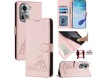 Custodia In Pelle Per Oppo Reno11, Dolce Gatto Custodia Flip Con Funzione Stand E Portafoglio Rosa
