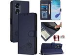 Custodia In Pelle Per Oppo A1 Pro/Reno8 T 5G, Dolce Gatto Custodia Flip Con Funzione Di Stand E Portafoglio Blu